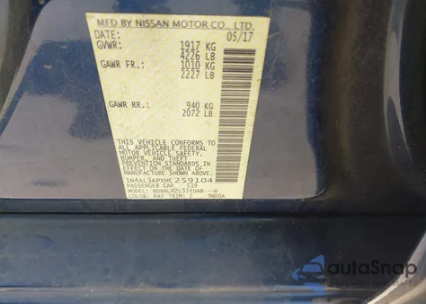 2017 Nissan Altima 2.5 Sr from USA, damaged, VIN 1N4AL3APXHC259104